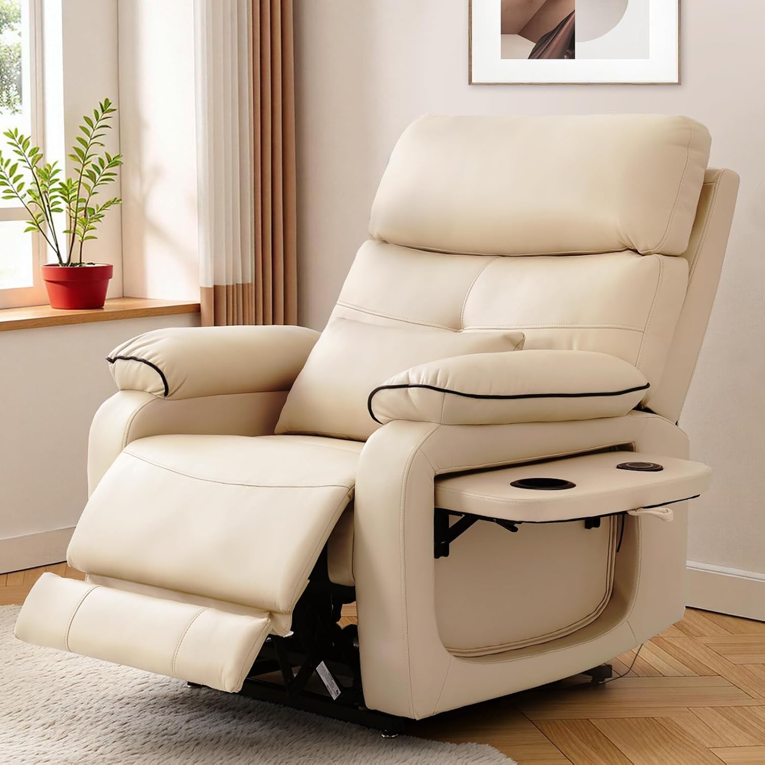 Dual motor power lift recliner chair in beige leather for elderly independence and mobility support