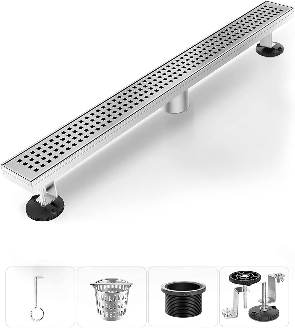 Modern linear shower drain in brushed nickel for barrier-free accessible bathroom design