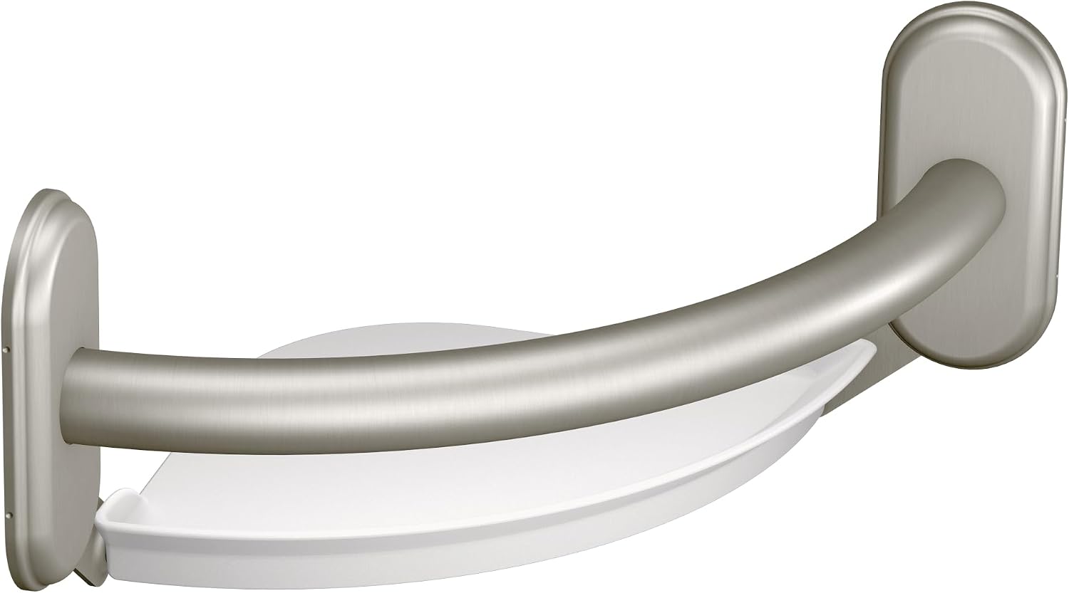 Moen curved bathroom grab bar with integrated corner shelf in brushed nickel for safety and storage