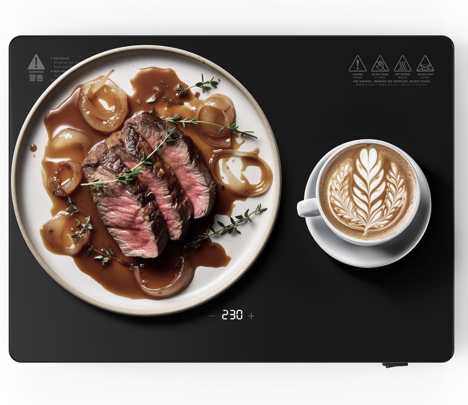 Electric plate warmer tray with 6 temperature settings for slow eaters and dementia care dining