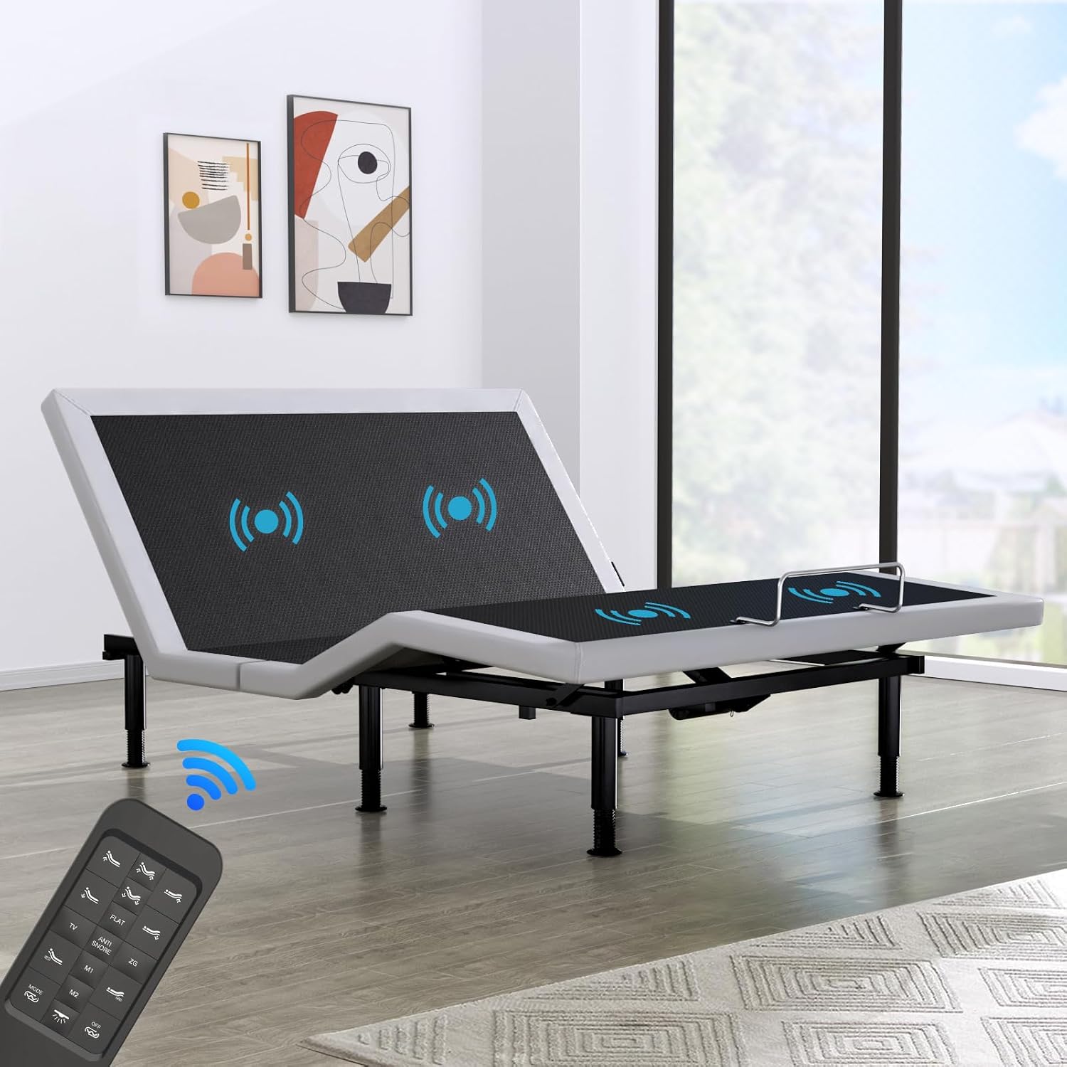 Queen adjustable bed base with massage and wireless remote for elderly comfort and accessibility