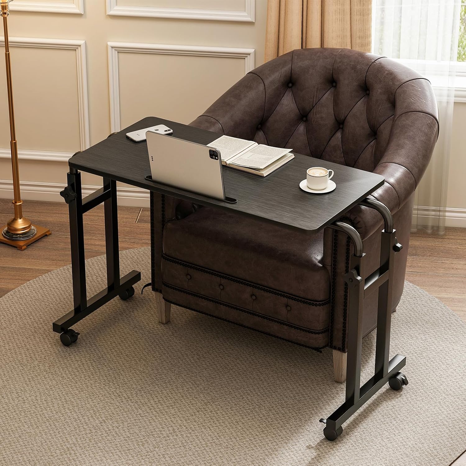 Adjustable overbed table with wheels for recliner and bedside accessibility support