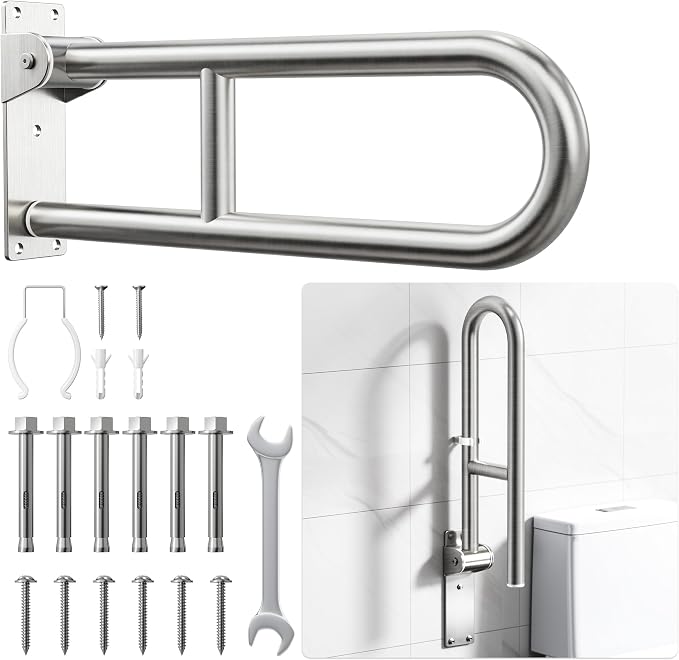 Wall-mounted flip-up toilet grab bar for elderly and handicap bathroom assistance