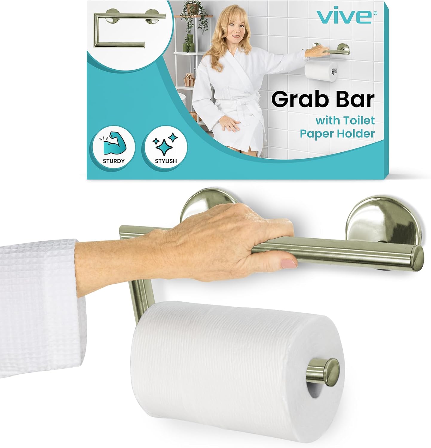 Vive grab bar with toilet paper holder combo for bathroom safety and elderly support